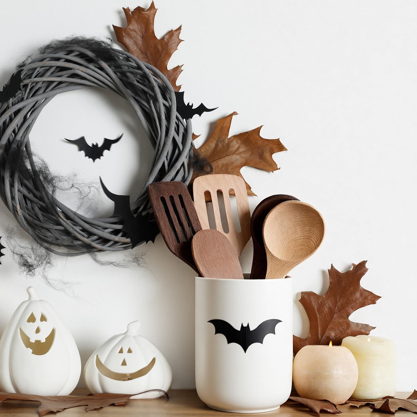 Sawysine Gothic Bat Ceramic Utensil Holder Christmas Kitchen Crock Storage Accessories Decoration for Home Farmhouse Kitchen Countertop Storage Organizer Container Gifts