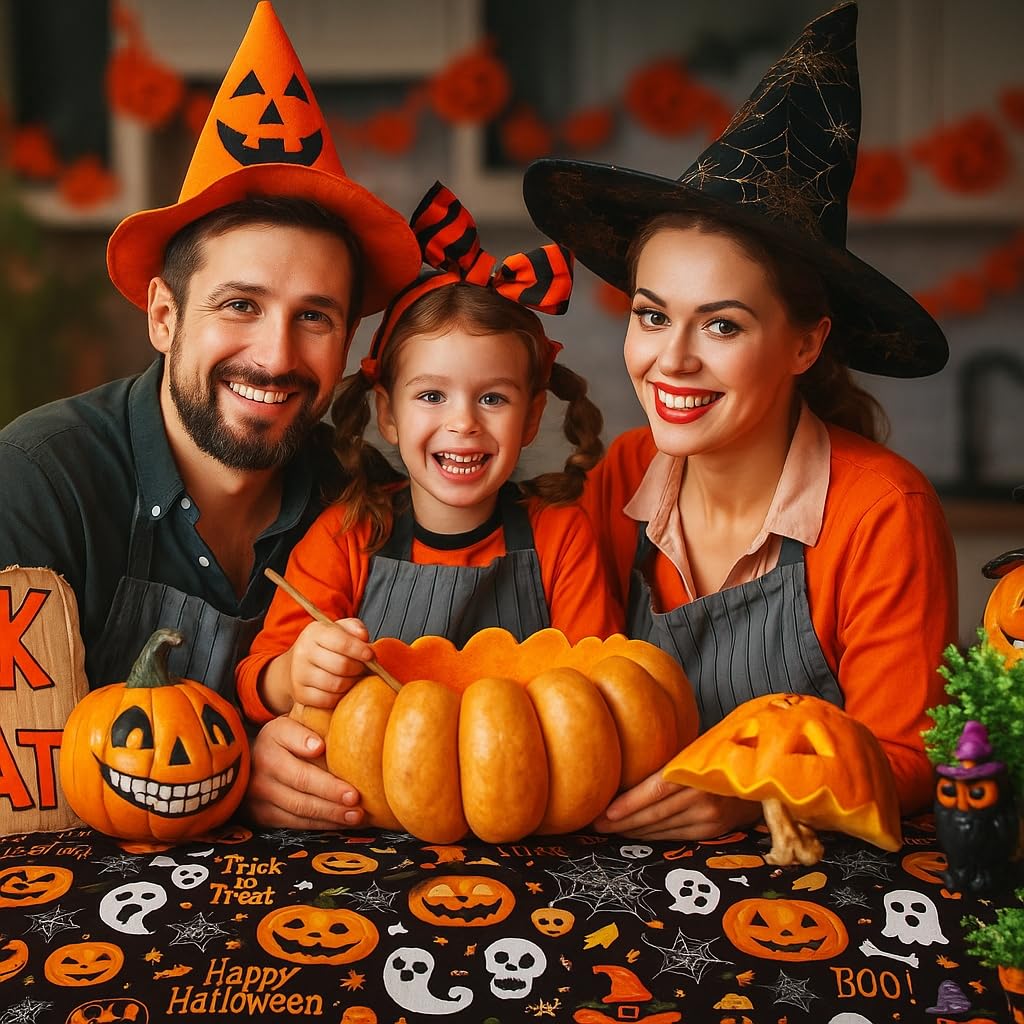 Pyrrhiax 4 Pcs 54 x 108 Inch Halloween Pumpkin Ghost Tablecloth, Rectangular Plastic Spider Web Table Cloth Large Size Halloween Table Covers for Home Decor Party Decorations