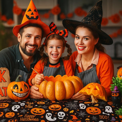 Pyrrhiax 4 Pcs 54 x 108 Inch Halloween Pumpkin Ghost Tablecloth, Rectangular Plastic Spider Web Table Cloth Large Size Halloween Table Covers for Home Decor Party Decorations