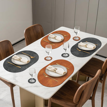 Pixieora Oval Placemats and Coasters Set of 6, Washable Reversible Faux Leather Placemats Cowhide Pattern Place Mats Wipeable Non-Slip 12 x 17 inch Kitchen Dining Table Mats (Gray Brown, 6)