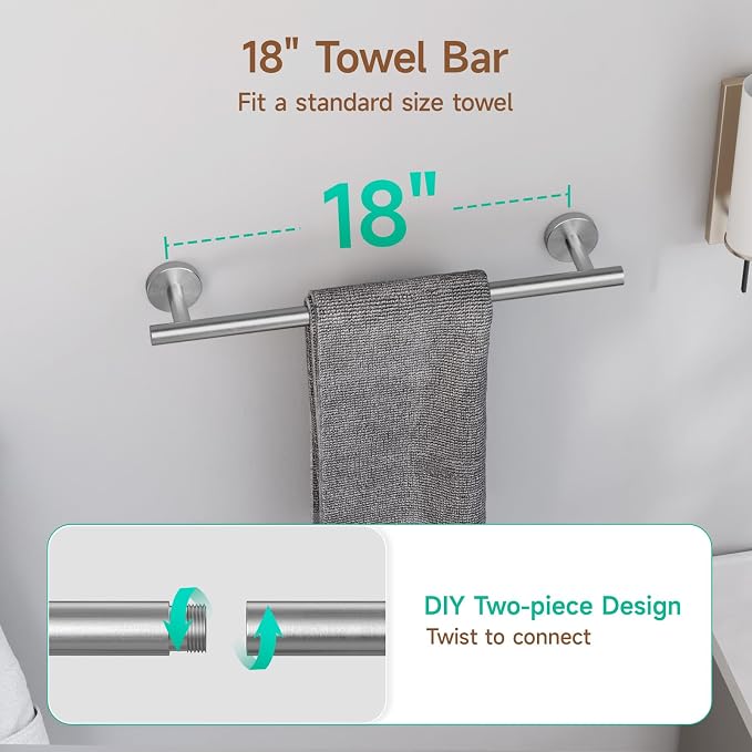 USHOWER Brushed Nickel Bathroom Hardware Set, Modern 18-Inch Towel Bar Set Wall Mounted, Durable SUS304 Stainless Steel Bathroom Accessories Set, 4-Piece