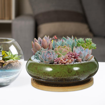 GANAZONO Succulent Succulent Planters with Drainage Ceramic Bonsai Pots with Bamboo Trays Round Shallow Pots for Indoor Cactus Flower Plants Green