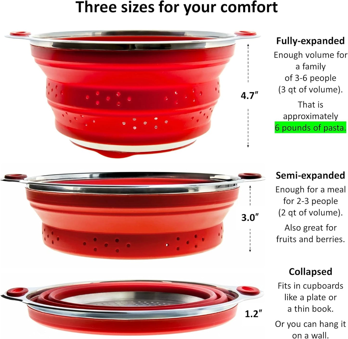 Collapsible Colander and Funnel - Stainless Steel Meets Red Silicone. RV Accessories for Inside, Camper Organization and Storage Idea, Motorhome, Camp or Travel Trailer, 5th Wheel, Boat, Small Kitchen