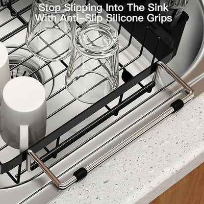 MAJALiS Expandable Stainless Steel Over The Sink Dish Drying Rack for Small Kitchen Counter Space Saving, Compact RV Plate Drainer Strainer in Black Wire Metal with Hanging Adjustable Utensil Holder