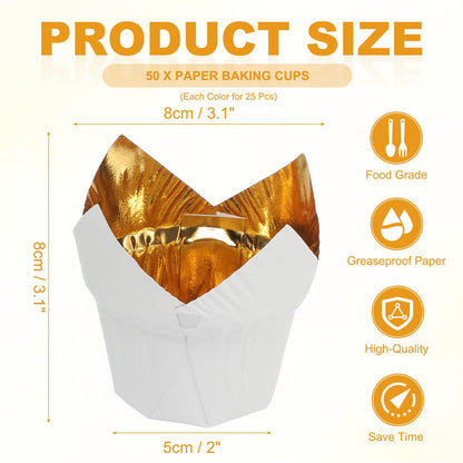 uxcell 50 Pcs Tulip Baking Cups Cupcake Muffins Liners Aluminum Foil Paper Greaseproof Wrappers for Weddings Birthday Party Festivals Christmas, Gold/White, Gold/Black