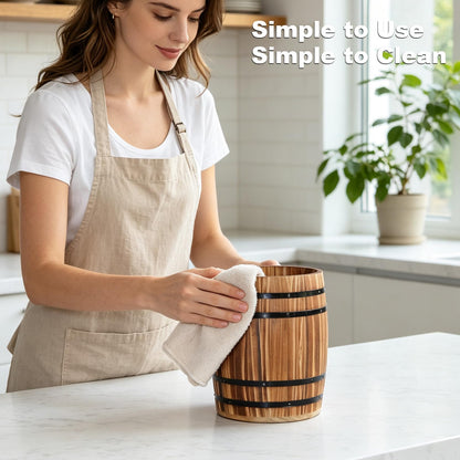 Catheralysia Dark Brown Wooden Utensil Holder, Solid Wood Barrel Shaped Kitchen Utensil Crock, Farmhouse Style Kitchen Storage Bucket, Countertop Cooking Tool Organizer for Home Decor & Gift