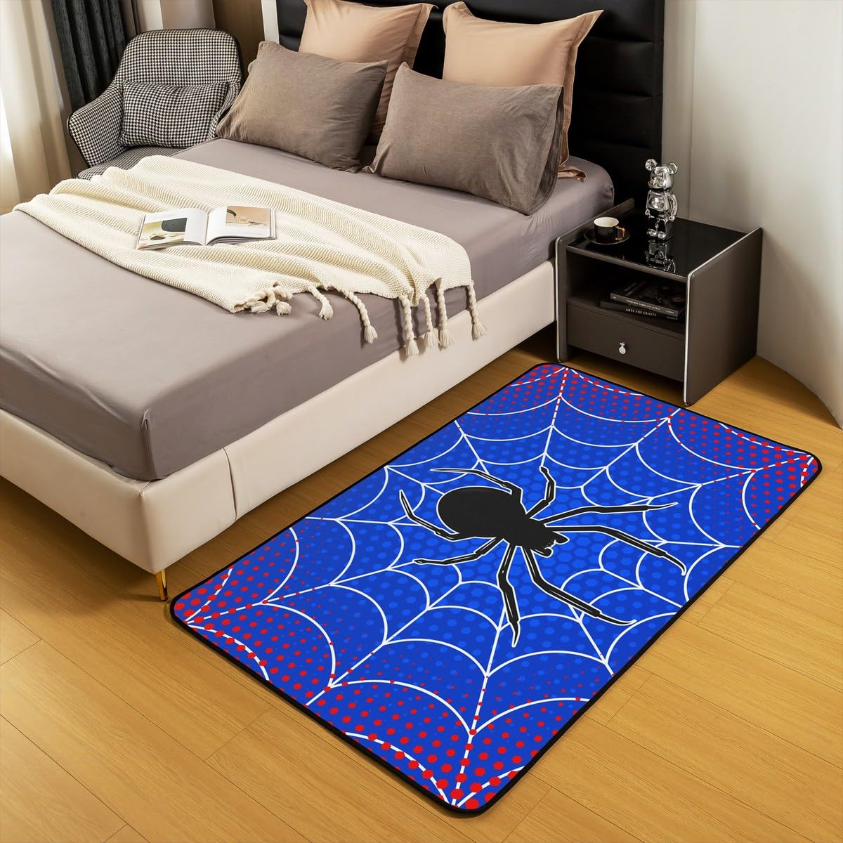Spider Web Kids Area Rug,Black Spider Arachnid Insect Animals Indoor Floor Mat Entrance Rug for Boys Man Girls Women,Happy Halloween Non Slip Rug,Red Blue Fashion Couch Living Room Decor,3'x5'