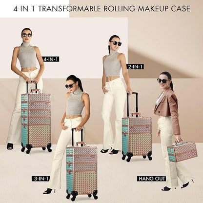 Stagiant Rolling Makeup Case Cosmetology Case on Wheels 4 in 1 Large Cosmetic Organizer Train Case Makeup Travel Case with Key Swivel Wheels Nail Artist Salon Storage Traveling Cart Trunk Rose Gold