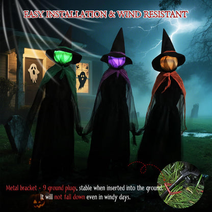 56In LED Set of 3 Black Witches with Stakes Light Up Witches Holding Hands Garden Decor Scary Halloween Decorations Outdoor Yard