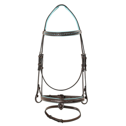 ExionPro Anatomical English Horse Bridle with Blue Crystal Bling Browband- Baby Blue Padded Jumping Bridle with Flash Noseband & Rubber Reins- Comfort Crown - Black or Havana Brown - Full