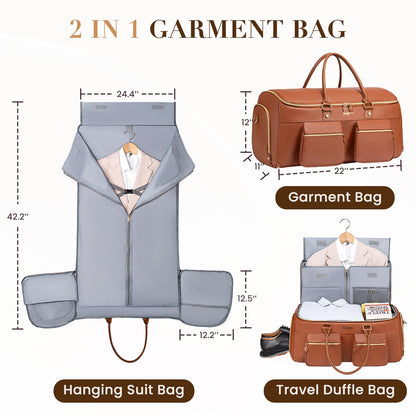 Suit Bag,Vessgra 56L Garment Bags for Travel,2 in 1 Leather Duffle Bags for Men Women, PU Leather Convertible Travel Bag with Shoe Compartment,Work Weekender Bussiness Wedding,Reddish Brown