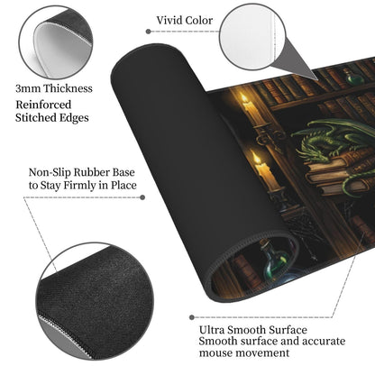Wizard Library Large Gaming Mouse Pad 31.5 x 11.8 in Gothic Dragon & Magic Potions Desk Mat - Extended Non-Slip Rubber Base with Stitched Edges for Office & Home
