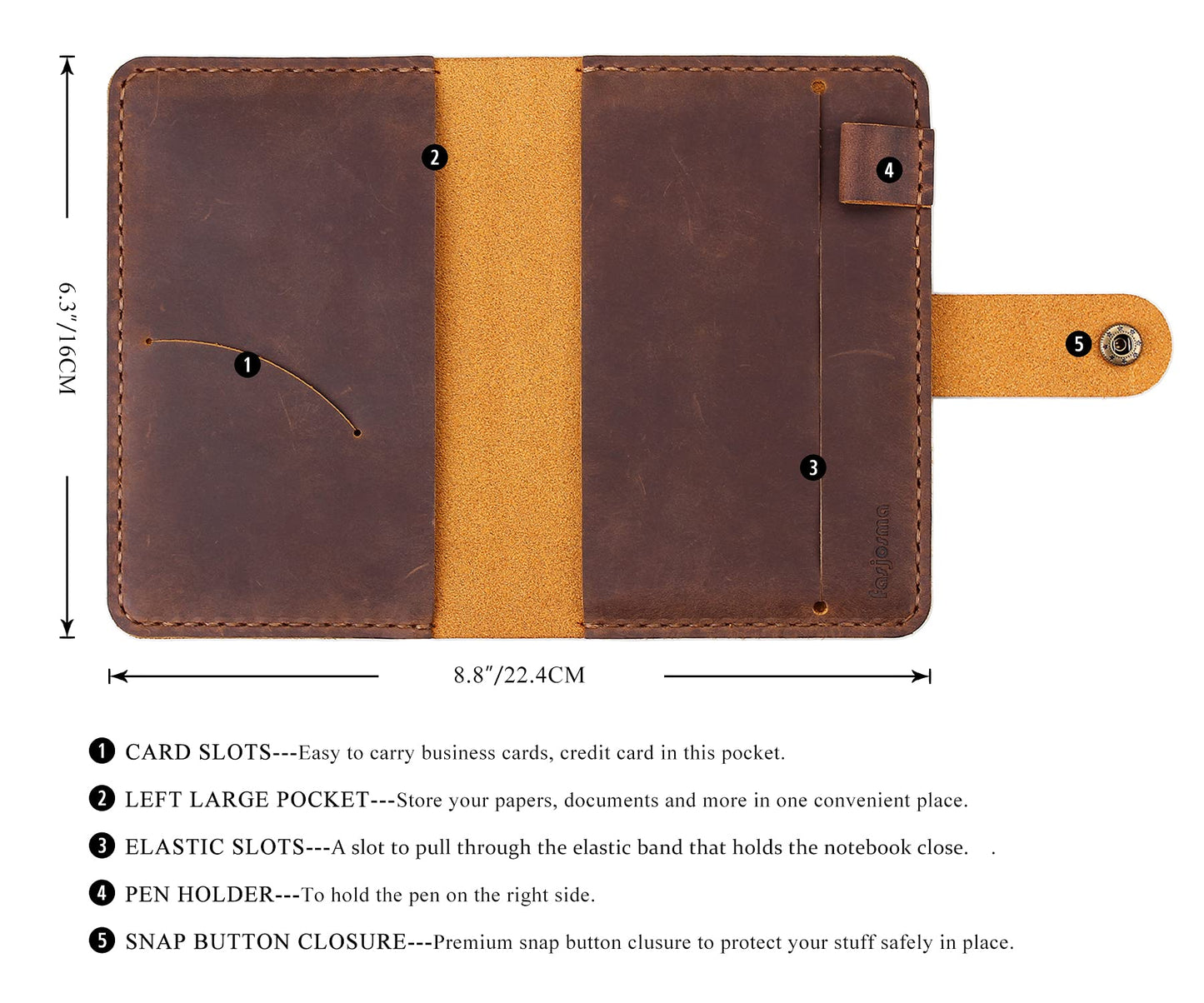 Fasjosma Leather Journal Cover for 3.5"x5.5" Hardcover Notebook, Rustic Handmade Leather Notebook Cover Compatible with Moleskine, Pocket-Sized Hardcover Notebook, Brown