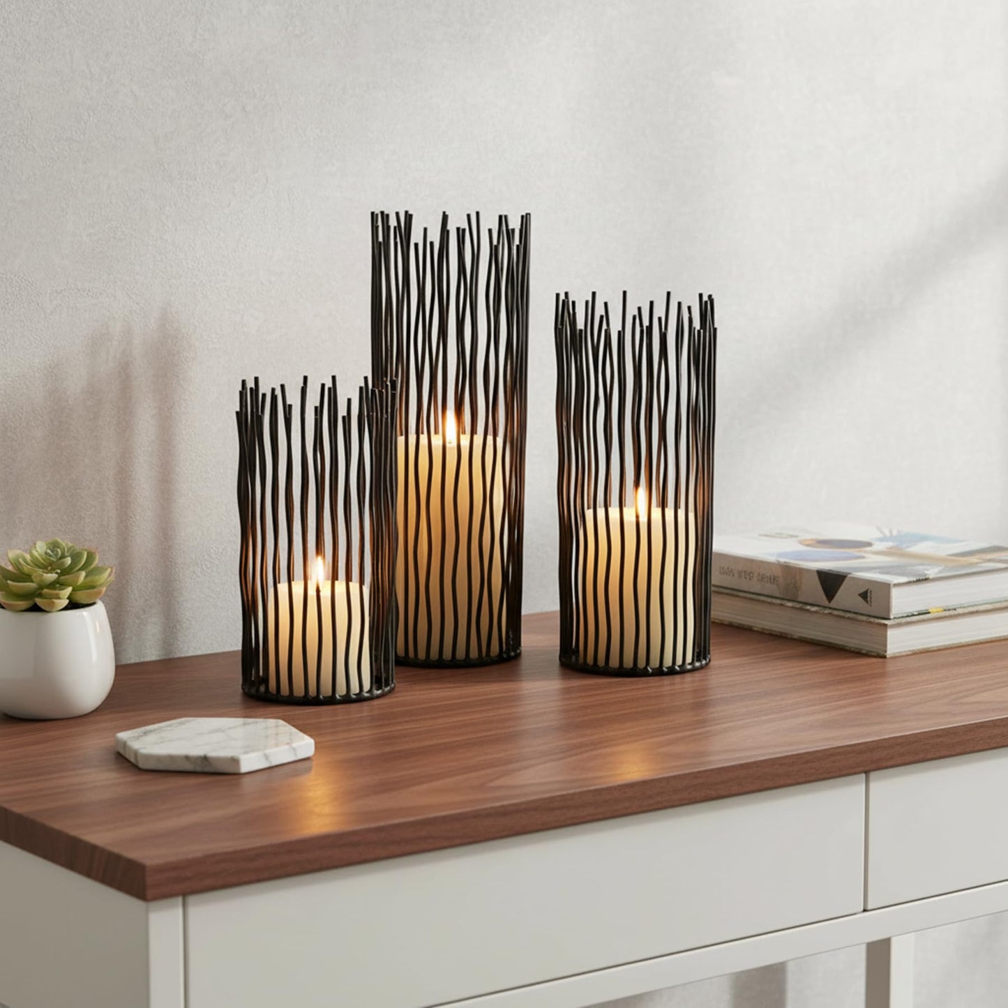 Metal Candle Holders for Pillar Candles - Creative Wire Candle Holder Set of 3 for Fireplace Mantel, Black Candlestick Holders for Table Centerpieces Halloween Christmas Birthday Party Home Decor