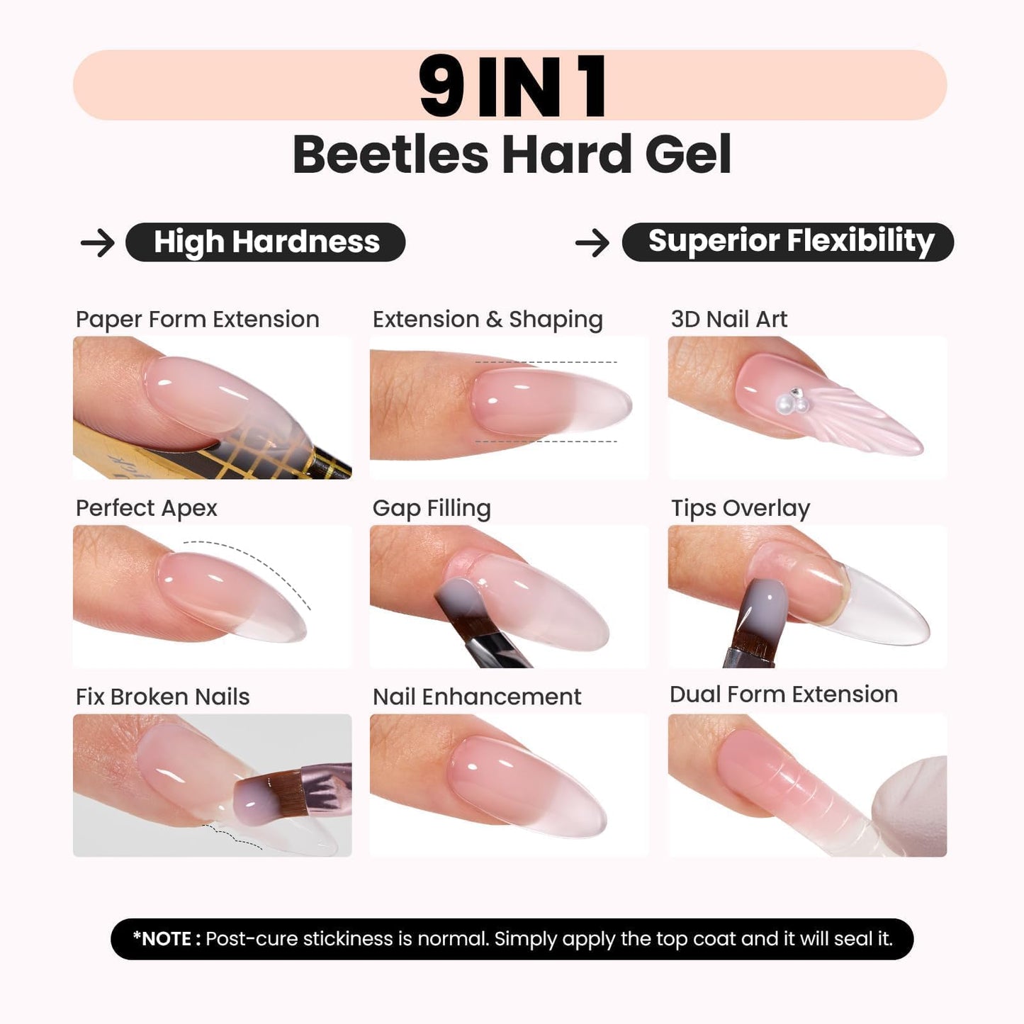 Beetles Hema Free Hard Gel for Nails,2.12 oz 9 in 1 Hard Gel for Nail Extension & Strengthening Broken Nail Repair with Flat Brush 100 Pcs Nail Forms UV LED Lamp Cured Salon Nail Technicians Women