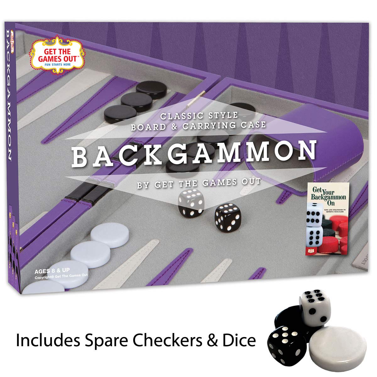 Get The Games Out Backgammon Set, Classic Board Game Case, 2 Players, Includes Strategy & Tip Guide, Perfect for Parties and Family Game Nights -Small, Purple