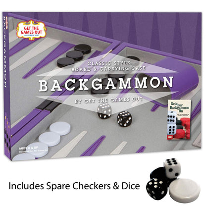 Get The Games Out Backgammon Set, Classic Board Game Case, 2 Players, Includes Strategy & Tip Guide, Perfect for Parties and Family Game Nights -Small, Purple