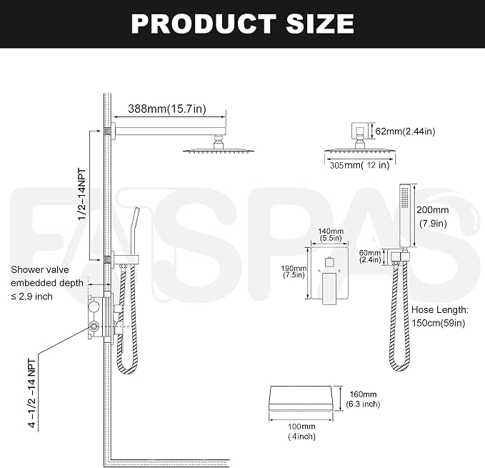 Polished Chrome Shower System with 12-Inch Rain Showerhead and Tub Spout | cUPC-certified pressure balance brass valve to prevent scalding, CEC-certified air injection technology for low pressure