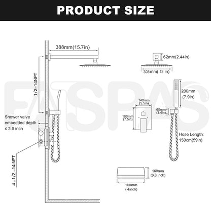 Matte Black Shower System with 12-Inch Rain Showerhead and Tub Spout | cUPC-certified pressure balance brass valve to prevent scalding, CEC-certified air injection technology for low pressure