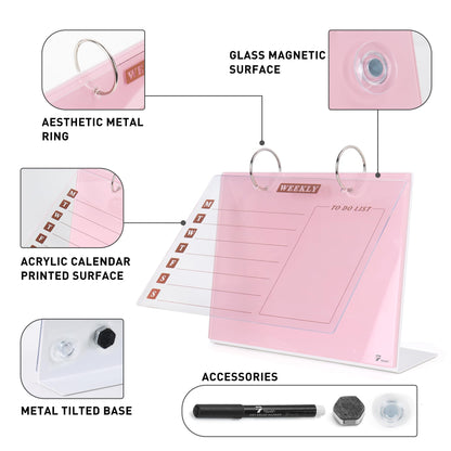 Desktop Glass Dry Erase & Acrylic Aesthetic Desk Calendar Weekly to-do List Combo, Small Magnetic Standing Whiteboard, Desk Flip Easel Calendar with Accessories for Home Office Supply, Pink, 9 x 7''