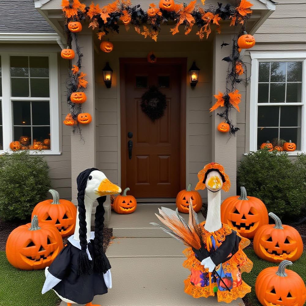 YLYGJGL Halloween Witch Porch Goose Costume - 23" Cement Plastic Goose Statue Outfit Clothing with Hat & Broom, Funny Fall Geese Shirt Decor for Outdoor Patio Lawn Yard Decoration
