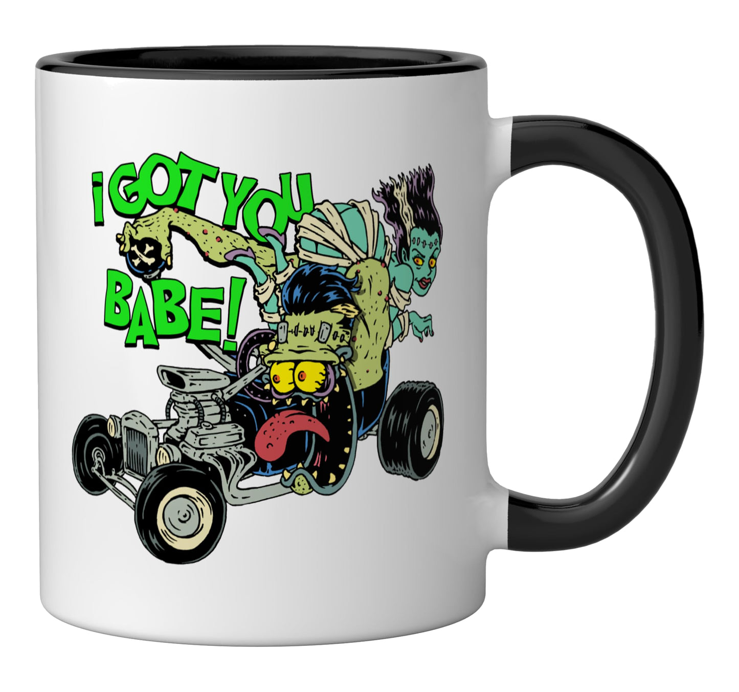 Hot Rod Gasser Frankenstein Monster Car Dragster Bride Mummy Ceramic Mug, Black/White