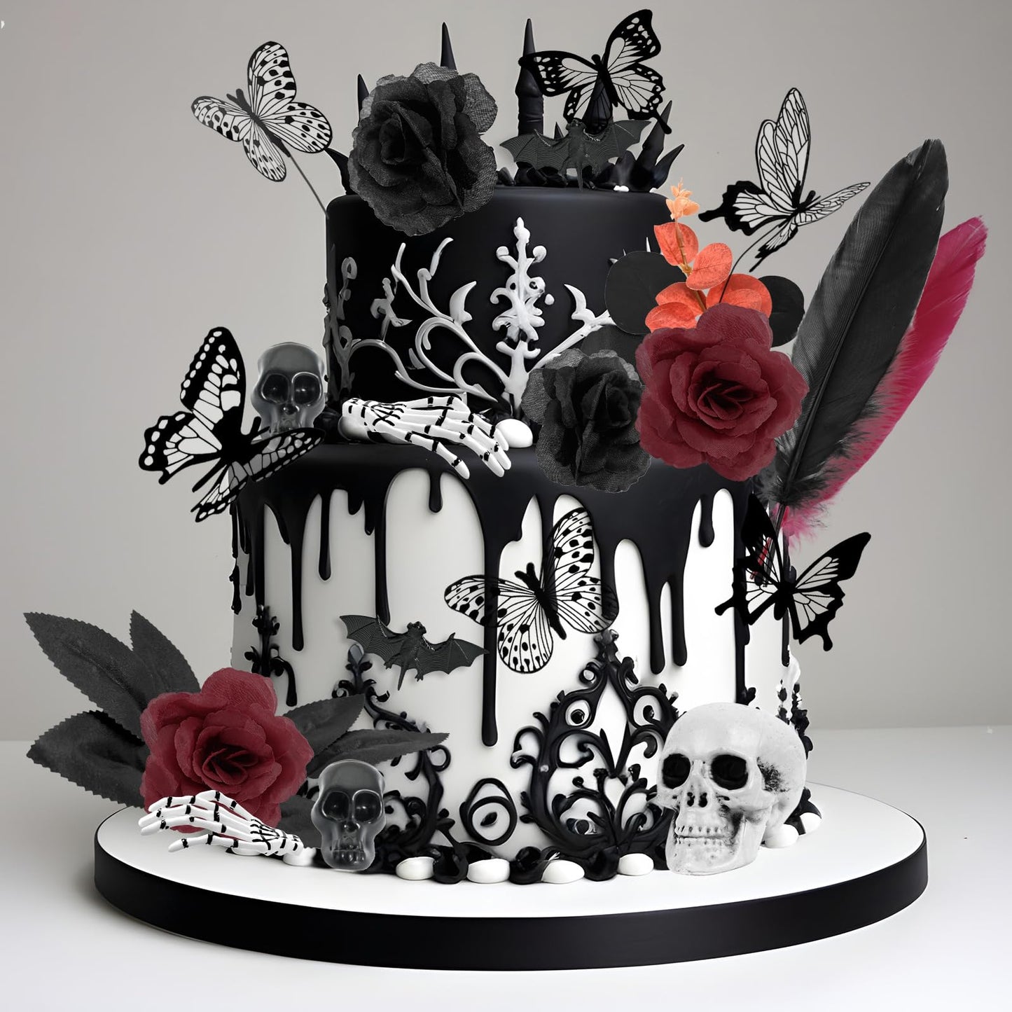 TSVATE Gothic Cake Decorations - 26PCS Black Cake Toppers with Red Black Rose, Skull, Butterfly Cupcake Toppers for Goth Birthday, Wedding, Halloween