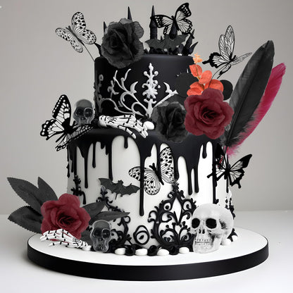 TSVATE Gothic Cake Decorations - 26PCS Black Cake Toppers with Red Black Rose, Skull, Butterfly Cupcake Toppers for Goth Birthday, Wedding, Halloween
