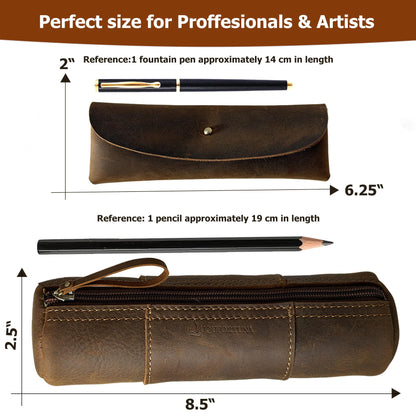 ququfortuna leather pencil case set -2pcs full grain leather zippered pen pouch bag, handmade stationery storage, elegant gift with high-end pencil pouch (brown set) (SET)