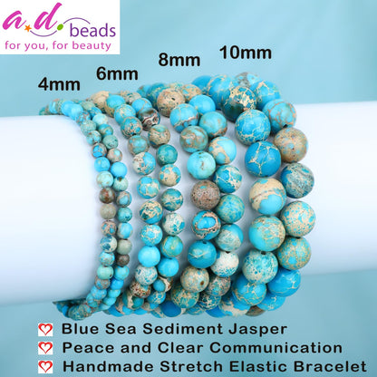 AD Beads 8mm Handmade Blue Sea Sediment Imperial Jasper Elastic Bracelet – Natural Gemstone for Joy & Positivity – Meditation, Yoga, Healing and Energy Gift for Men Women
