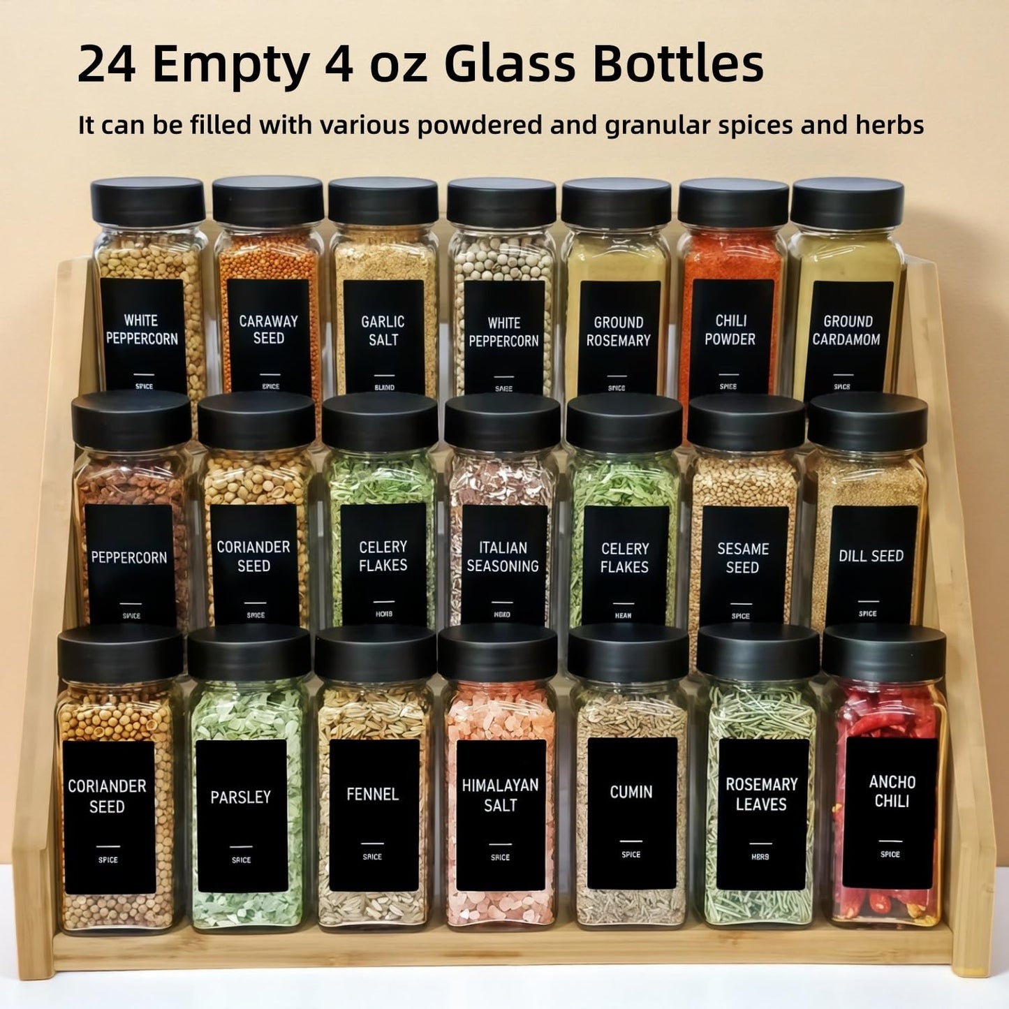 MISTGLAS Spice Jars with Labels - 24 Glass Spice with Shaker Lids & Airtight Plastic Caps - 4oz Complete Seasoning Containers Organizer Set for Cabinet, Drawer & Rack (Black)