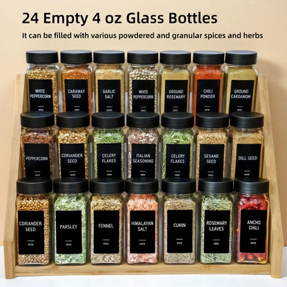 MISTGLAS Spice Jars with Labels - 24 Glass Spice with Shaker Lids & Airtight Plastic Caps - 4oz Complete Seasoning Containers Organizer Set for Cabinet, Drawer & Rack (Black)