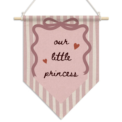 RUKUPA Pink Bow Girl Nursery Wall Art Decor, Preppy Girly Hanging Pennant Flag, Our Little Princess Pink Striped Wall Art Poster Hanger for Toddler Girls Room Bedroom Decor, 11x15 Inch