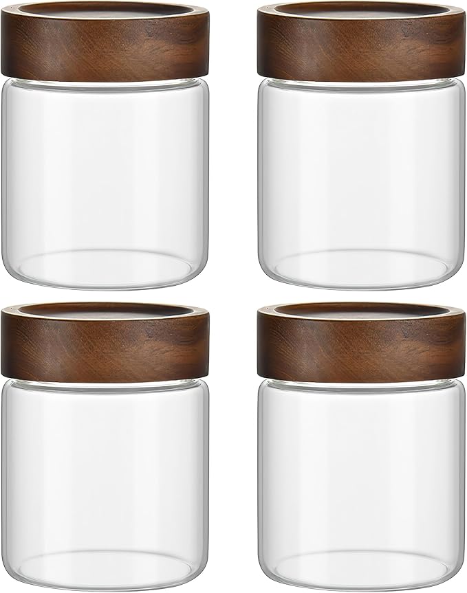 12 oz/350 ml Clear Glass Storage Canister with Airtight Wooden Lid, Small Overnight Oats Containers, Cute Decorative Salad Jar for Snacks Yogurt Spice Sugar Cereal Fruit Coffee Tea -4 Pack