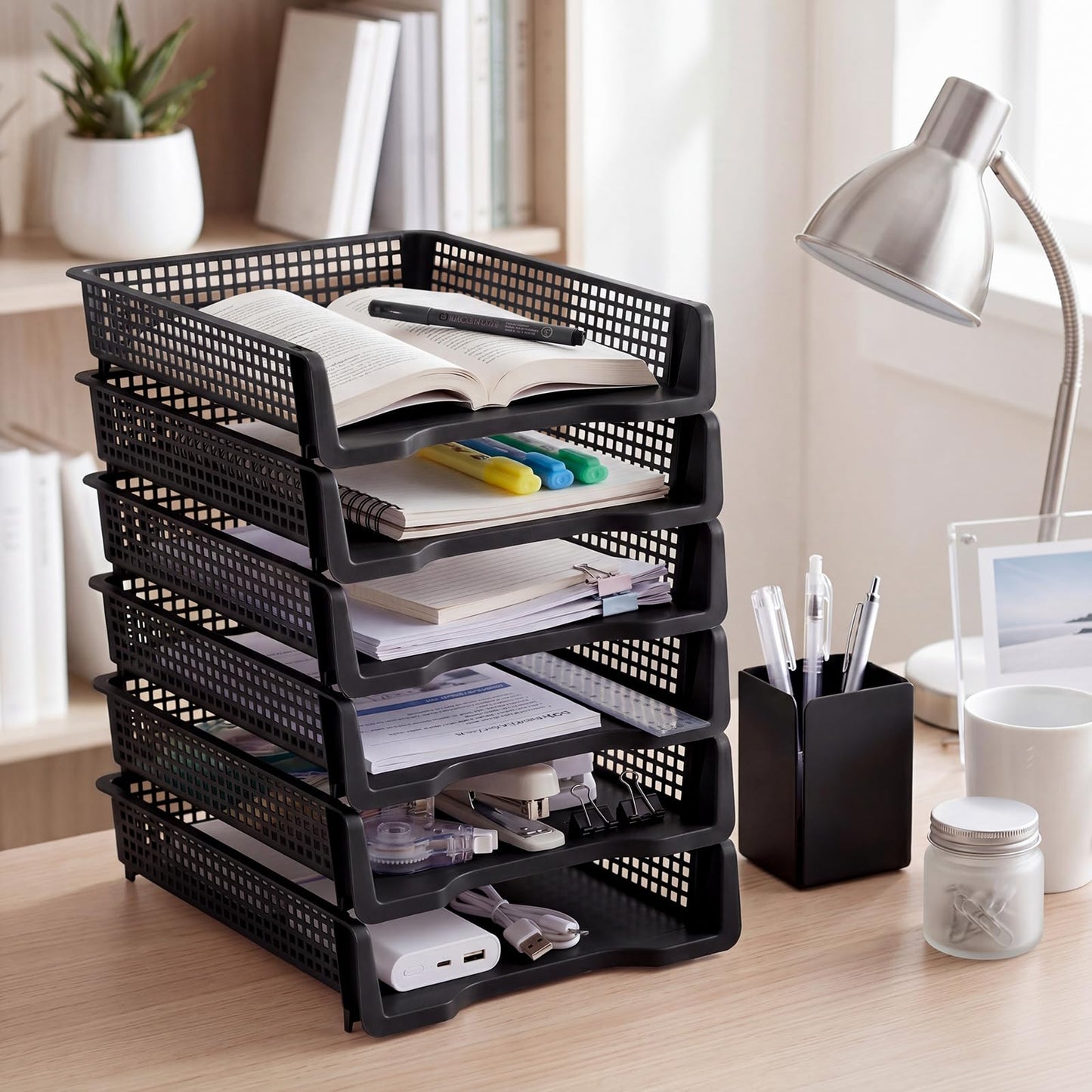 Geetery Set of 12 Plastic Trays for Teachers Turn in Trays Classroom Stackable Paper Tray Plastic Classroom Teachers Desk Letter Organizer Storage Baskets for Office, Desk, Home (Black)
