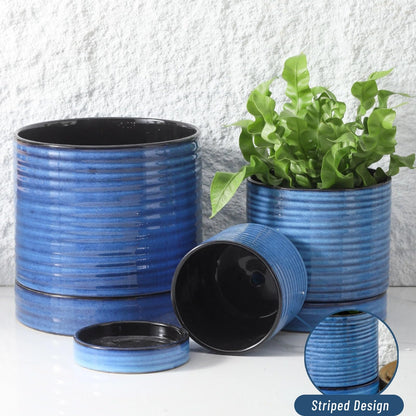 HASENSE 3 Piece Ceramic Plant Pots, 8/6/4.6 Inch, Indoor Pot for Plants with Drainage Holes and Saucer, Modern Flower Planter for Home Office, Rective Glaze Blue