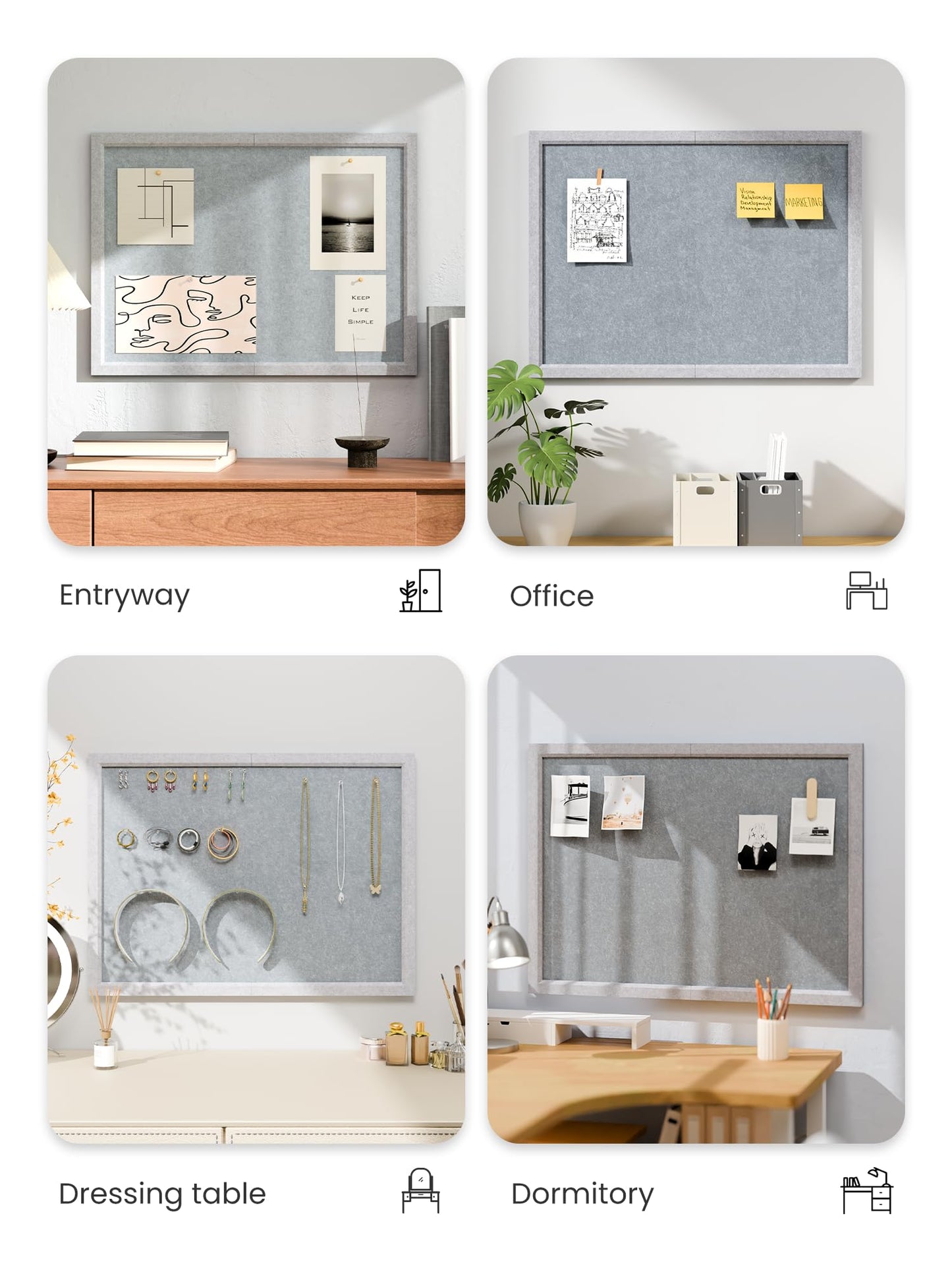 Fluxynara Foldable Cork Board Alternative, Felt Bulletin Board 23.6" x 17.5" Soft Gray Frame with 12 Adhesive Tabs, Pin Board for Home Office, Classroom, Entryway, Kitchen Wall Decor—Blue Gray