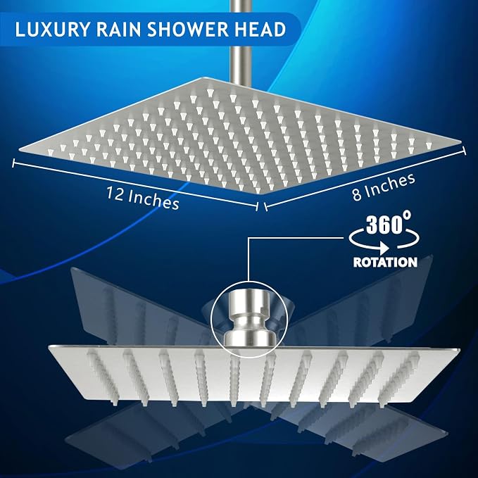 Voolan Rain Shower Head - High Flow Large Rainfall Shower Heads Made of Stainless Steel - Waterfall Bathroom Square Showerhead - Ceiling or Wall Mount (12 * 8 Inch Rectangle, Brushed Nickel)