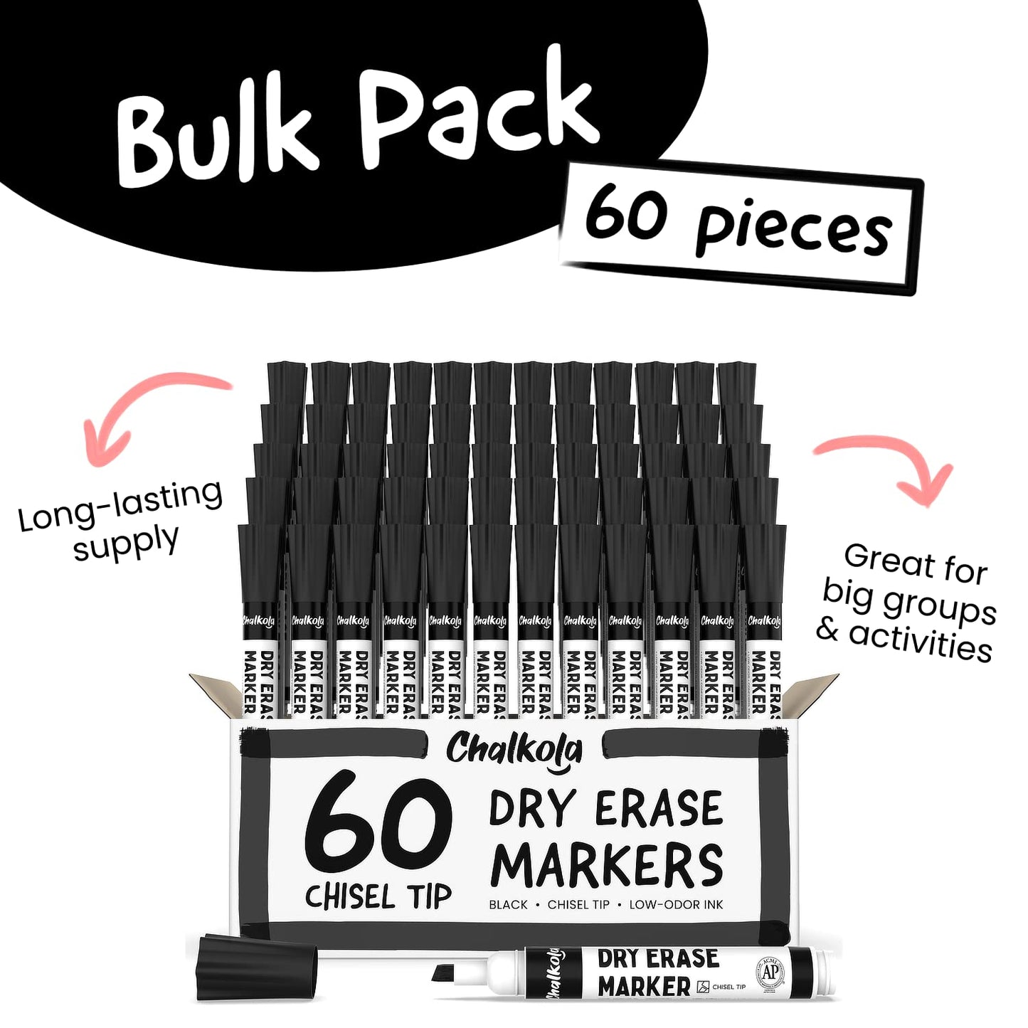 Chalkola 60 Black Dry Erase Markers Bulk Pack, Black Chisel Point White Board Marker Dry Erase Pens - Low Odor Whiteboard Markers for Kids, Home, Office, Back to School Supplies