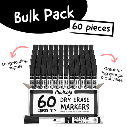 Chalkola 60 Black Dry Erase Markers Bulk Pack, Black Chisel Point White Board Marker Dry Erase Pens - Low Odor Whiteboard Markers for Kids, Home, Office, Back to School Supplies