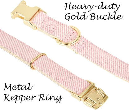 Luxury Soft Cotton Tweed Fabric Dog Collar & Leash Set with Gold Buckle – Durable Fabric, Stylish Design for Everyday Walks(Large Pink)
