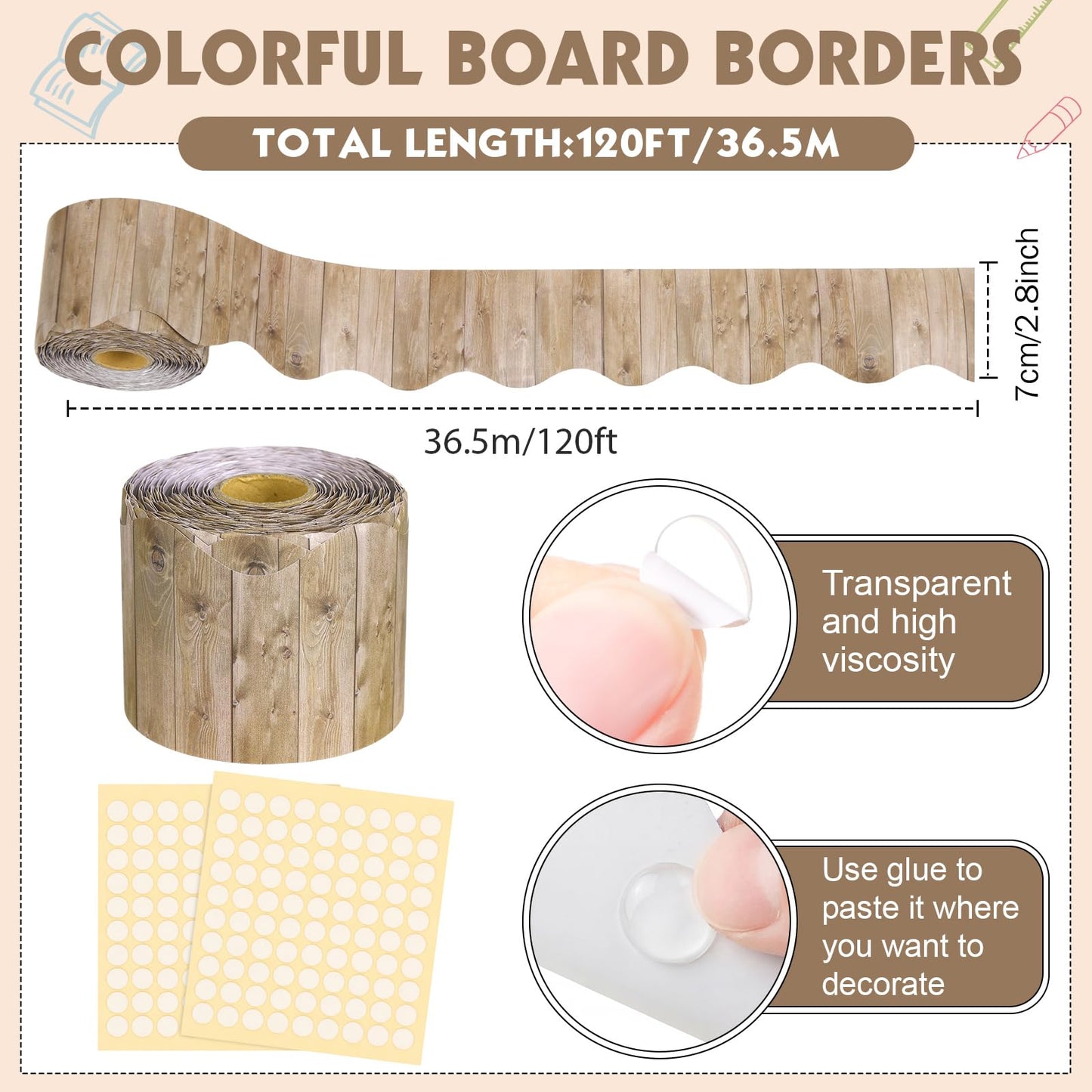 Tenceur 120 Feet Bulletin Board Borders Wooden Pattern Straight Rolled Border Trim Wood Straight for Classroom Schools Office Decoration (Light Brown)