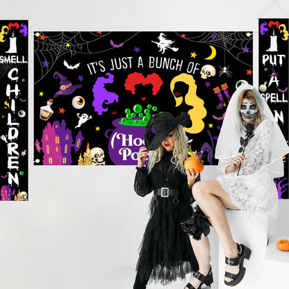 Avezano Halloween Decorations 3Pcs Hocus Pocus Door Banner Witches Door Cover Hocus Pocus Halloween Baby Shower Decorations Indoor Outdoor