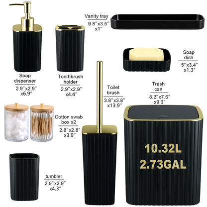 9PC Set Black and Gold Bathroom Accessories Set with Trash Can, Toilet Brush,Soap Dispenser, Q-Tip Holder | Modern Home Bath Essentials (Black and Gold)