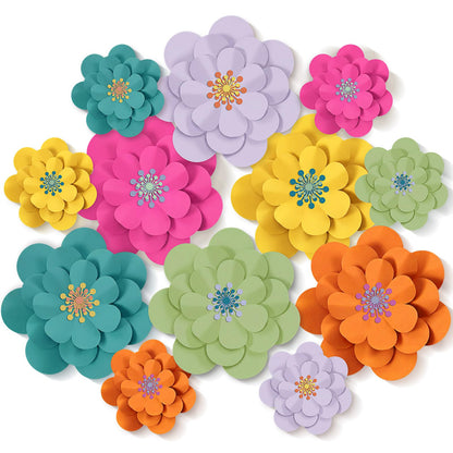 Mooliwe Paper Flowers Decorations for Wall DIY 3D Paper Bulletin Board Mexican Flowers Backdrop Decoration for Classroom Back to School Holiday Party(Bright,12 Set)
