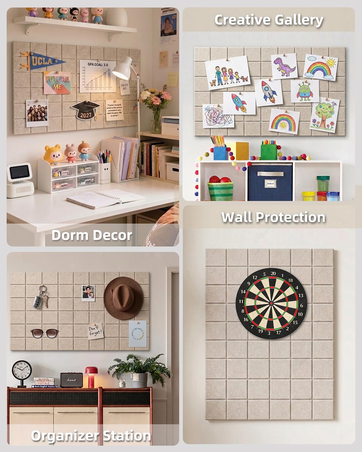 Large Felt Bulletin Board - 36" x 24" Self-Adhesive Felt Wall Tiles, Cork Boards Alternative, 6 Pack with 30 Wooden Push Pins, Cork Board for Walls, Office, Home & Classroom Decor, Pin Board - Oatmeal