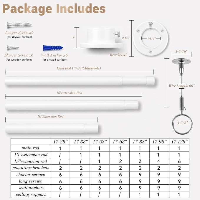 Closet Rod Adjustable 17 to 98 Inch, 1-1/4” Diameter, Closet Rods for Hanging Clothes, Stepless Metal Heavy Duty Hanging Rod for Closet Wardrobes Laundry RV (White)