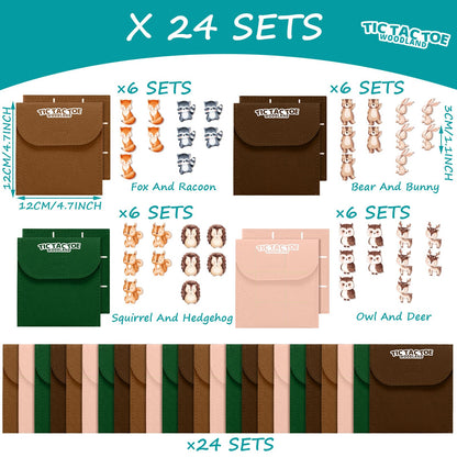 JolliLudo 24 Set Tic Tac Toe Game Pack Woodland Animals Jungle Party Favors Felt Safari Goodie Bags Stuffers Baby Educational Toys Board Game with Envelopes for End of Year Students Classroom Prizes