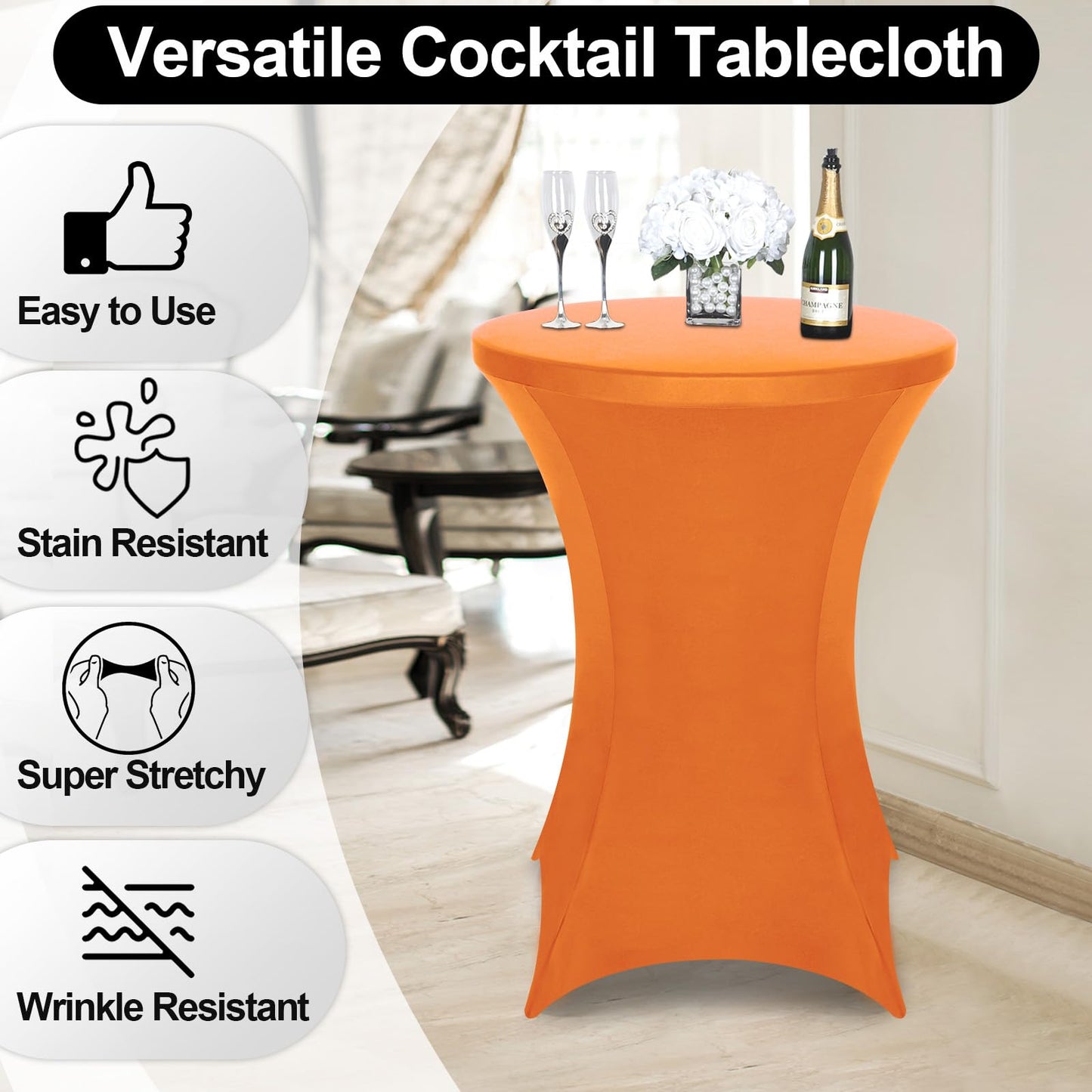 FestiCorp Spandex Orange Table Cover, Cocktail Fitted Tablecloths, Round Highboy Stretch Table Covers Cloths for Party, Bar, Halloween, Birthday, Banquet, 30"-32" Diameter x 40"-43" Height