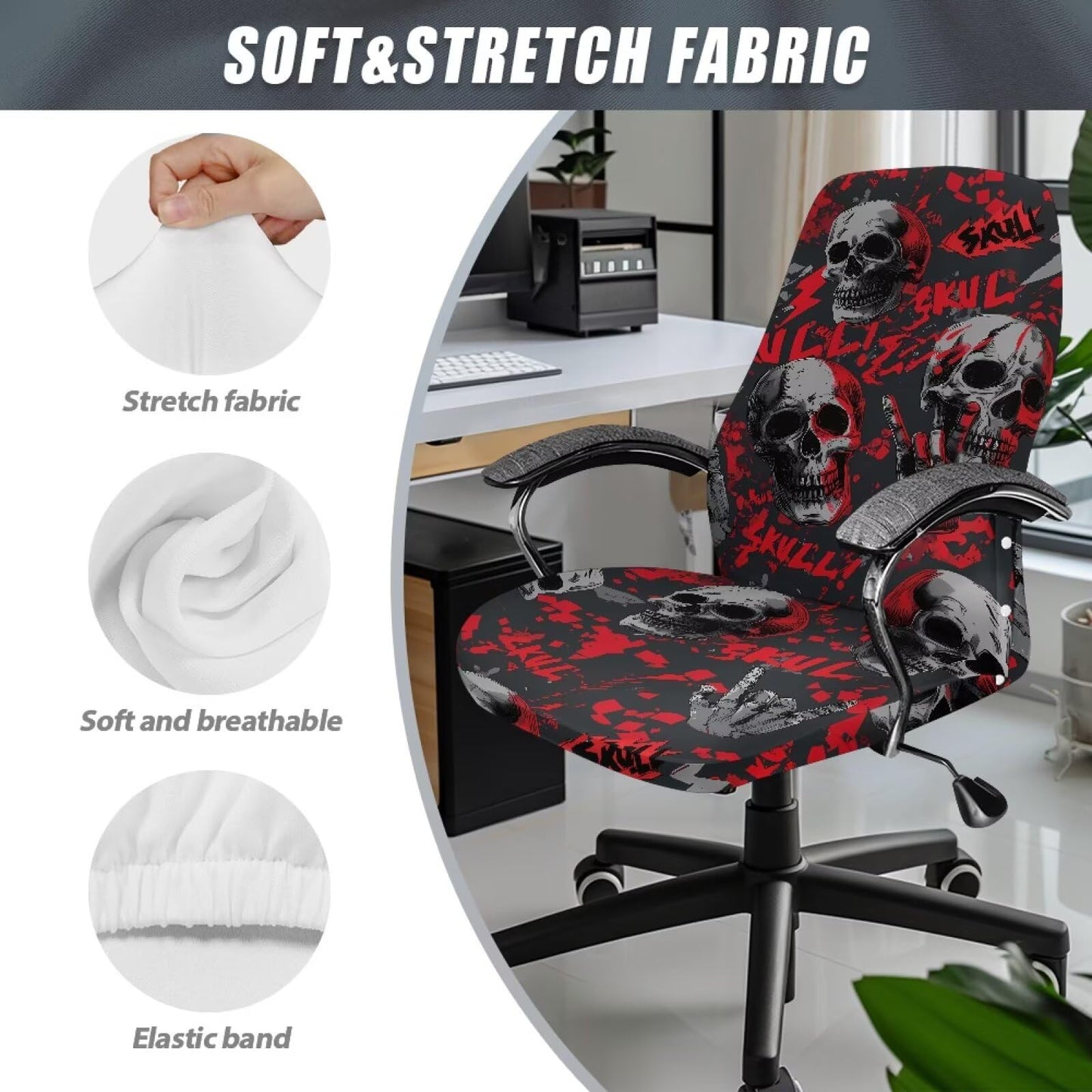Voxugoniy Halloween Skull Office Chair Cover, Stretchable Computer Desk Chair Covers Computer Universal Protective Stretchable Chairs Seat Cover Desk Armrest Slipcovers
